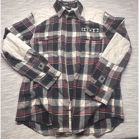 Harley-Davidson Navy Tan Button Down Flannel Shirt Arm Patch Logo Large - Picture 1 of 12